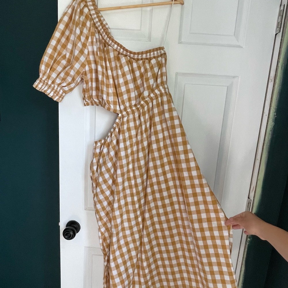 Gingham Off-Shoulder Dress in Mustard Yellow and White - Picture 2 of 5